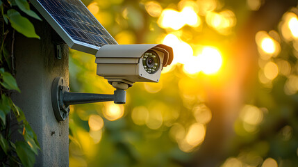 Security camera with solar panel mounted on a house pillar.