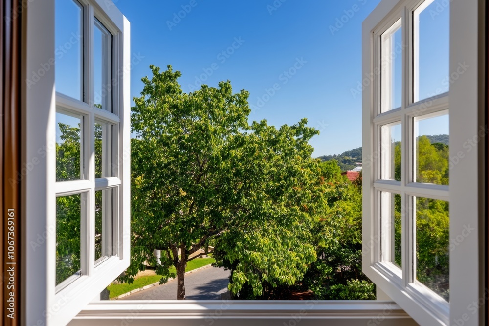 Poster Close-up of an open window with morning light streaming in, representing a peaceful wake-up call from nature