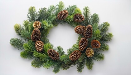 Christmas wreath made of fir tree and cones isolated on white. Christmas decorations