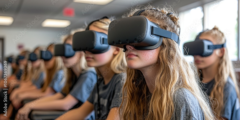 Aufkleber a classroom of students in virtual reality headsets, working on an interactive history project with 