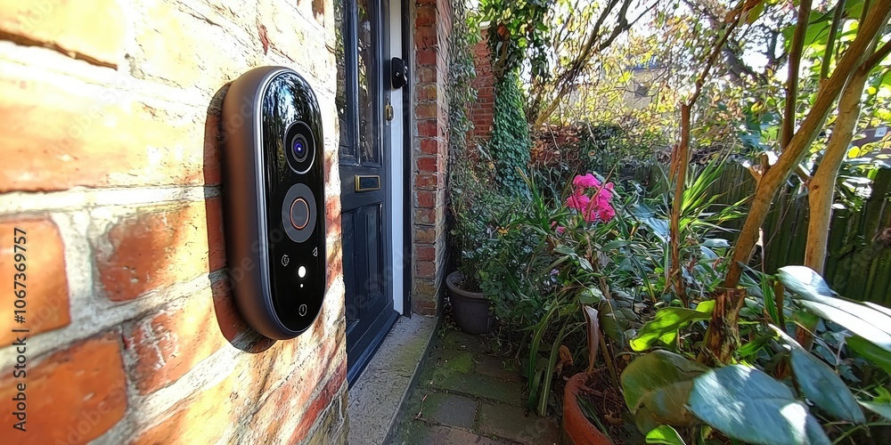 Poster a modern house featuring a video doorbell that enables the homeowner to communicate with visitors th