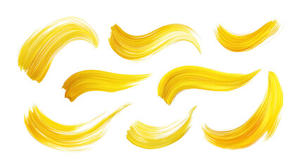 Collection of yellow brush strokes in various shapes and textures, each stroke isolated on a white background, showcasing smooth and rough textures with dynamic, artistic motion captured in vibrant ye