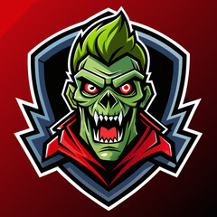 A fierce esports logo featuring a zombie-inspired character with striking green skin and glowing red eyes on a bold background