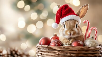 A small rabbit wearing a tiny Christmas hat, sitting in a basket filled with ornaments and candy canes