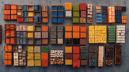 Fototapeta premium Overhead shot of pallets with categorized goods, warehouse floor, organized and efficient stock management