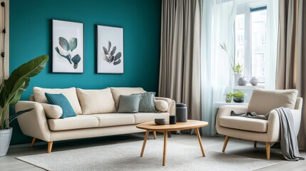 Fototapeta premium Modern Living Room Interior with Teal Wall, Beige Sofa, and Wooden Coffee Table