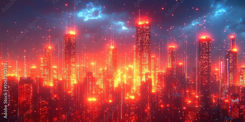 Aufkleber a futuristic cityscape representing sectors like real estate and tech, connected by glowing data poi
