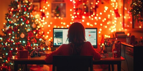 Fototapeta premium A woman shops online for holiday gifts at her home office desk, with festive lights adorning the walls and a Christmas tree in the corner.
