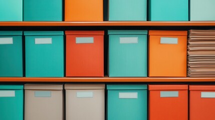 Stacks of differentsized boxes with labels, neatly arranged, organized shelves, planning for easy access and distribution