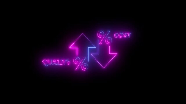 Quality control and company cost reduction. Cost and quality control concept. Percentage icon of quality with up arrow and cost with down arrow.