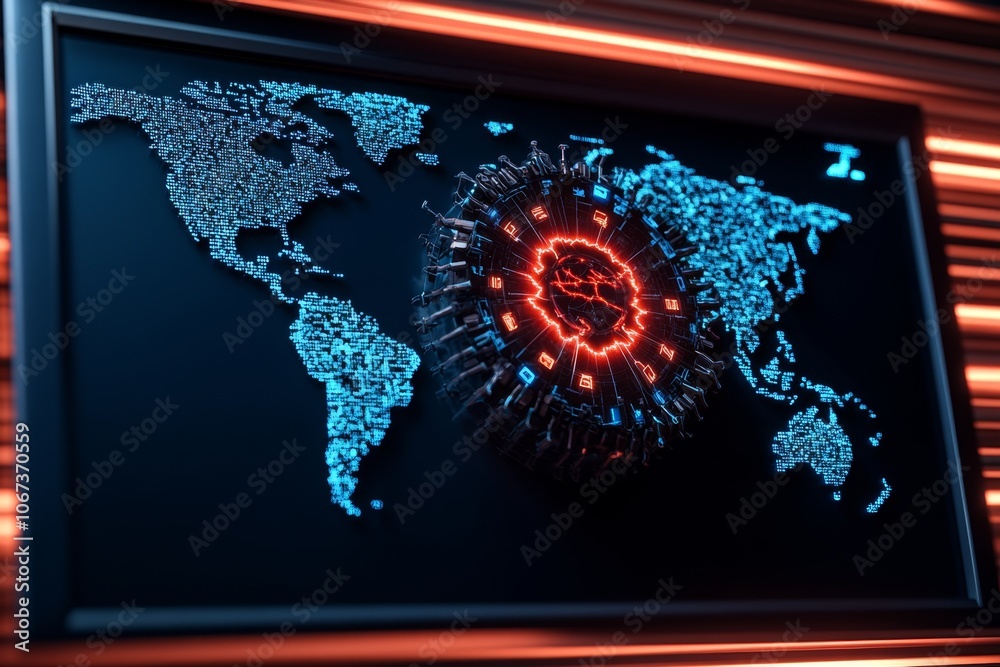 Poster Detailed image of a global threat map on a large digital screen, showing accurate data locations and threat zones