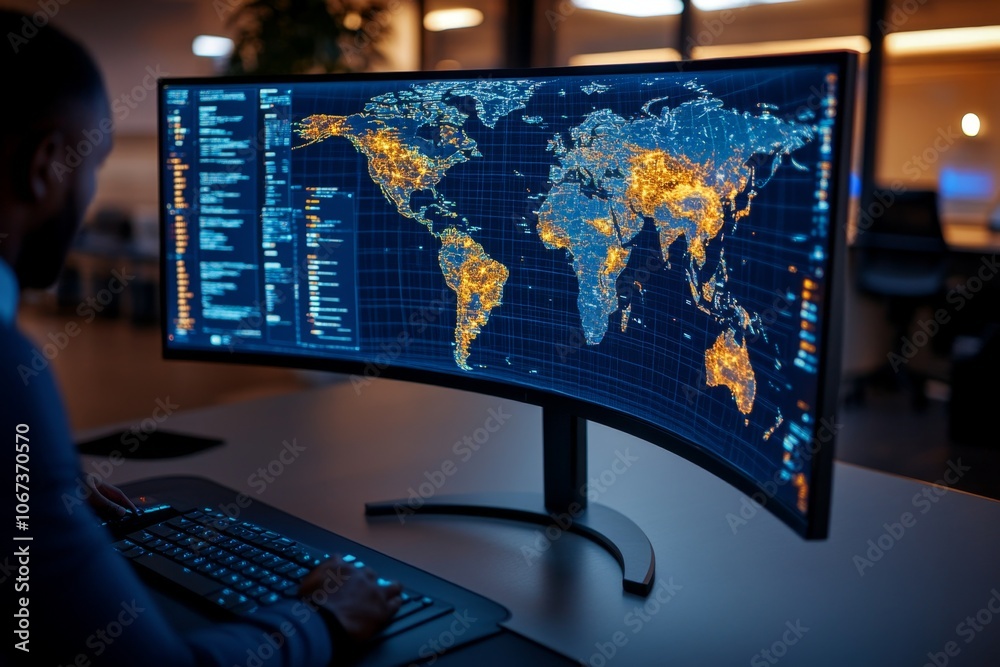 Poster detailed image of a global threat map on a large digital screen, showing accurate data locations and