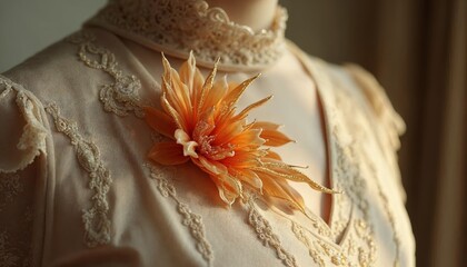 Elegantly styled vintage dress adorned with an artistic orange flower accent in soft natural light