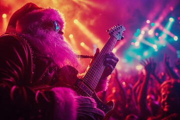 Santa Claus rocks out on stage with a guitar.