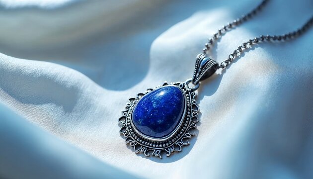 A stunning blue lapis lazuli pendant elegantly lying on soft satin fabric in natural light