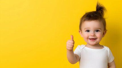 a toddler giving a thumbs up on yellow background