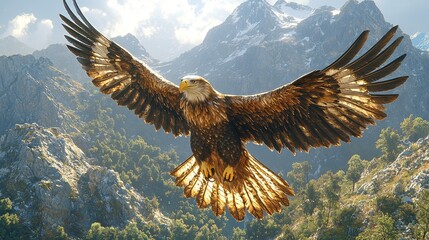 Naklejka premium Majestic eagle soars over stunning mountain landscape capturing nature's beauty in flight