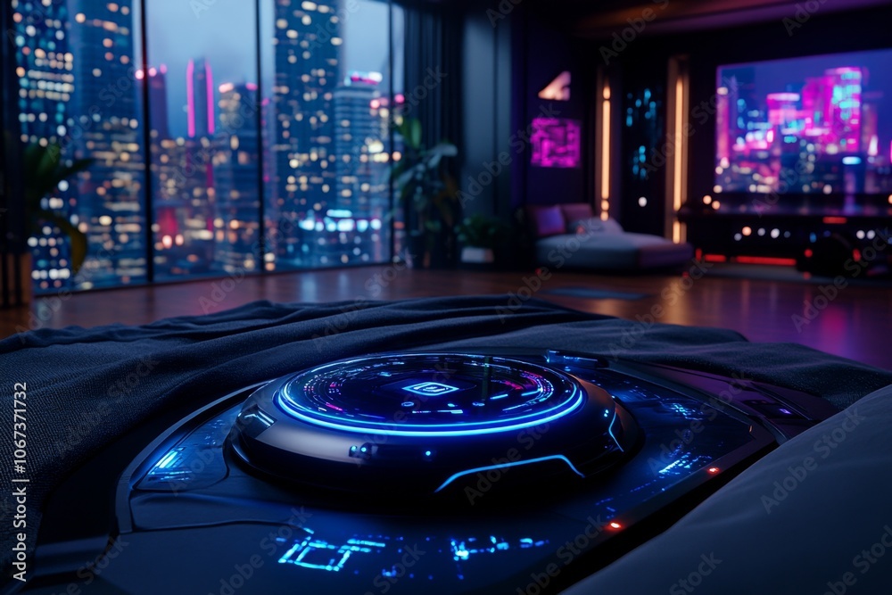 Poster Digital hologram showing a futuristic alarm system in a cyberpunk room, representing a technologically advanced wake-up call