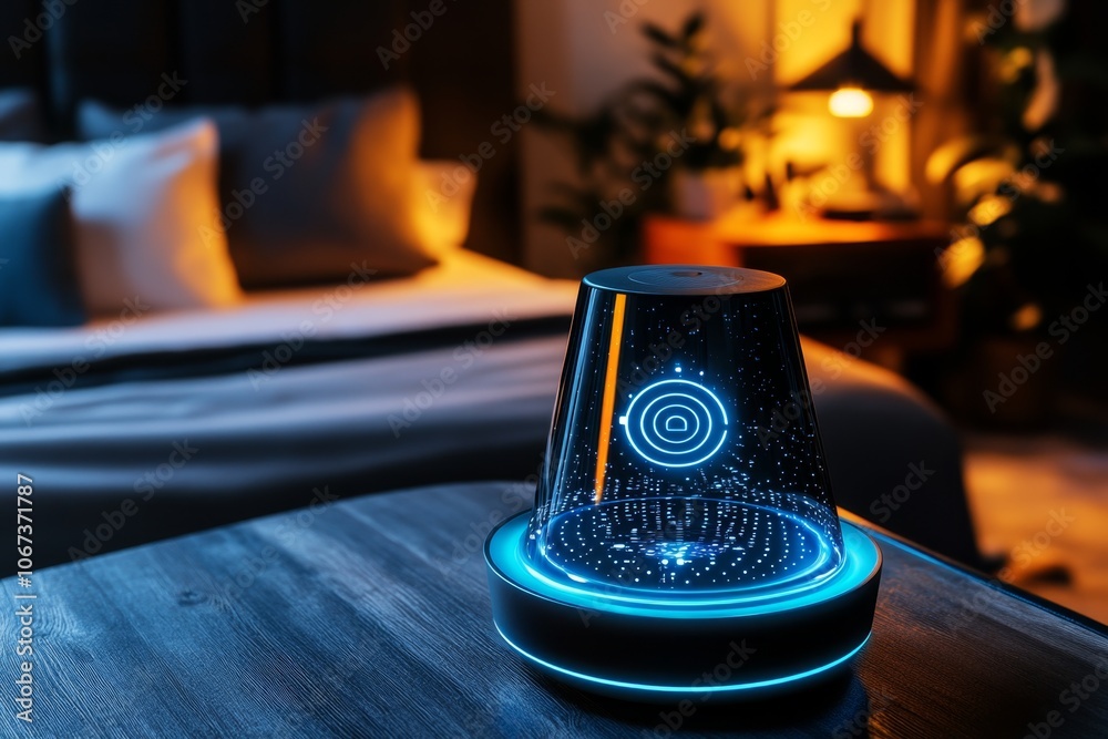 Poster Digital hologram showing a futuristic alarm system in a cyberpunk room, representing a technologically advanced wake-up call