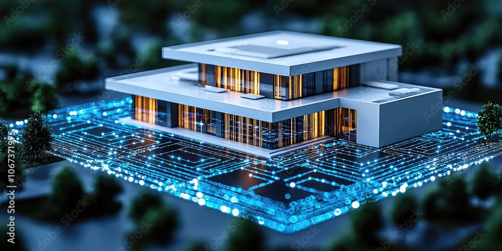 Poster a family in a smart home where lighting, heating, and cooling automatically adjust according to occu