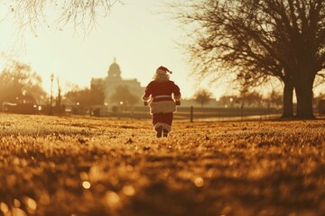 Santa Claus runs through a park at sunset.