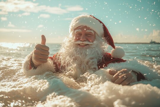 Santa Claus gives a thumbs up while enjoying a swim in the ocean.