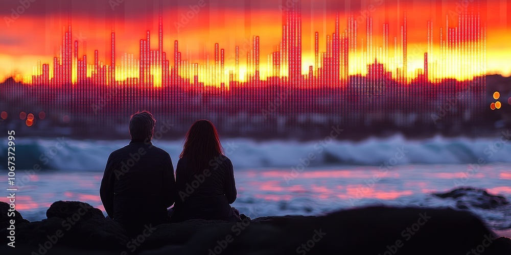 Poster a serene beach at sunset where an older couple enjoys retirement, with a faint overlay of their past