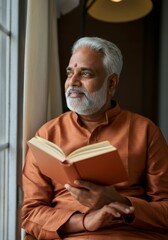 Elderly man reading by window wearing traditional attire