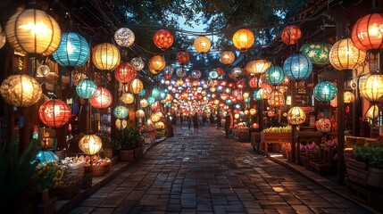 Obraz premium Explore the enchanting pathways of a lantern-lit market at dusk capturing the essence of cultural vibrancy