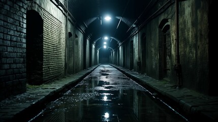 Mysterious Underground Tunnel in Dark Gothic Style with Water Reflections