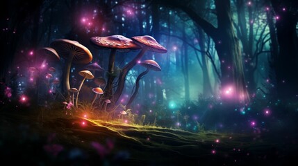 Obraz premium Magical Glowing Mushrooms in Enchanted Forest with Fairy Lights
