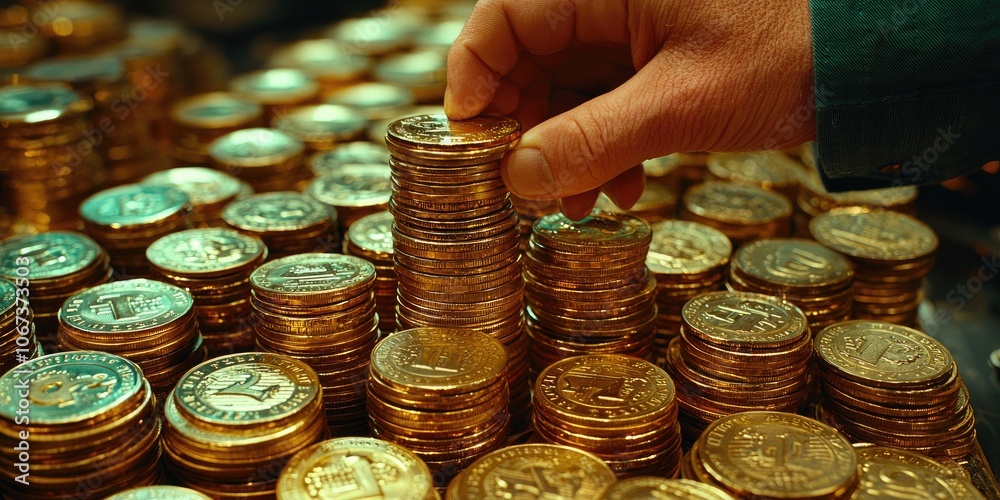 Poster a hand stacking coins into a retirement fund pyramid, as calendar pages flip in the background, symb