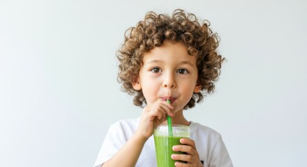 Curly-haired child enjoying a healthy green smoothie against a white background