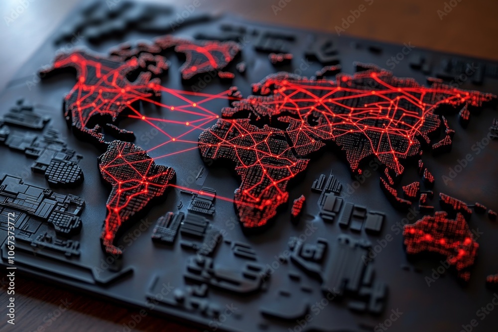 Poster Large map with digital red lines connecting cities, symbolizing cyber intelligence network connections