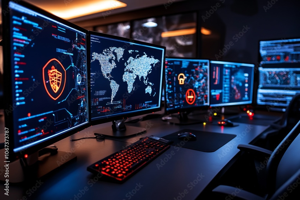 Poster large room filled with monitors showing data maps, digital security symbols, and threat alerts, repr