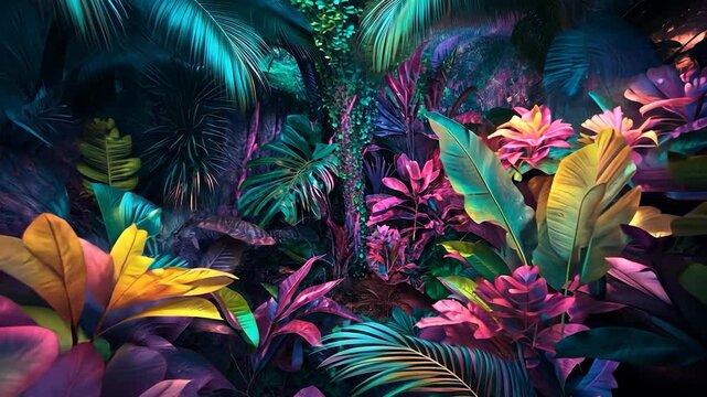 Creative fluorescent color layout made of tropical leaves. Nature concept. Neon Summer Tropical Leaves Animated background. 4k looped animation Glowing Neon Palm. Exotic jungle leaf at night, Neon Led