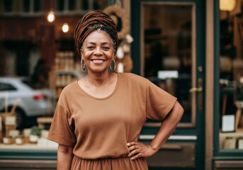 Fototapeta premium Startup of a successful small business: a joyful elderly woman with braids stands outside her small boutique