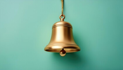 Obraz premium Golden Bell on Teal Background. Minimalist Isolated Brass Bell Symbolizing Notification, Alert, or Ringing Sound; Ideal for Web or App Use in Notification Icons, Announcements, or Alerts