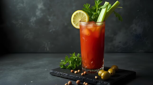 Spicy Bloody Mary cocktail garnished with celery, olives, and a lemon wedge. lime orange red or bloody vegetable juice mixed pub banner ad in studio shot in bar party