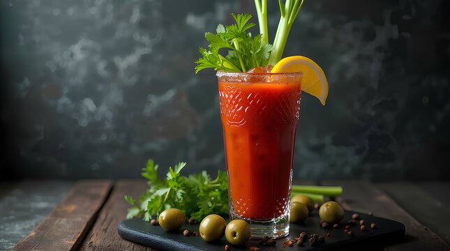 Spicy Bloody Mary cocktail garnished with celery, olives, and a lemon wedge. lime orange red or bloody vegetable juice mixed pub banner ad in studio shot in bar