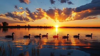 A serene sunset over a lake with ducks swimming peacefully in the foreground.