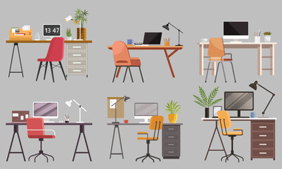 Various desk setups with computers, chairs, plants, lamps, and office supplies. Ideal for workspace inspiration, office organization, interior design, productivity tips, and modern home offices