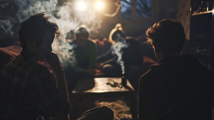 Teenagers sitting in a dark room, smoking and sharing drugs
