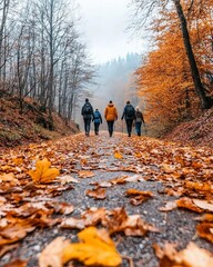 Group of friends walking on a leaf-covered path during autumn fog, surrounded by vibrant orange foliage.