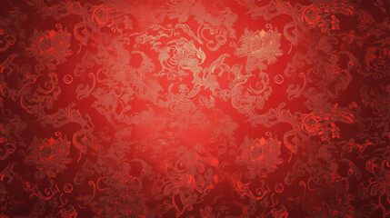 Ornate red texture with floral and mythical motifs, symbolizing Chinese New Year prosperity and cultural heritage..