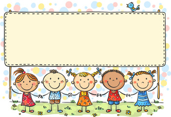 Happy kids standing outdoors in a row and holding big banner. Cartoon children holding hands. Doodle kids with placard