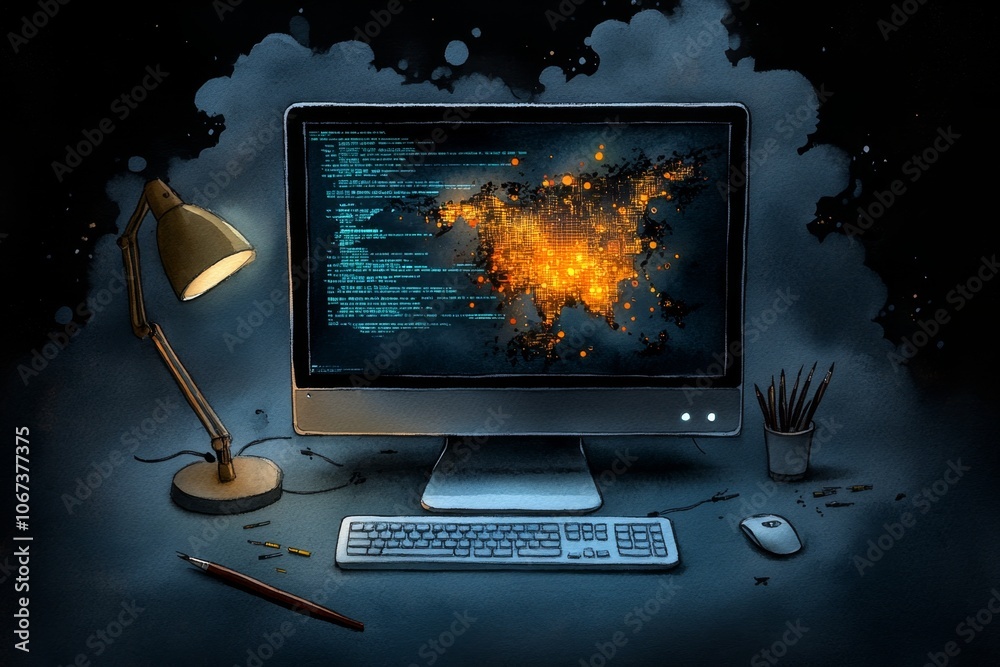 Poster Watercolor painting of a computer screen displaying live data, capturing a softer interpretation of cyber intelligence
