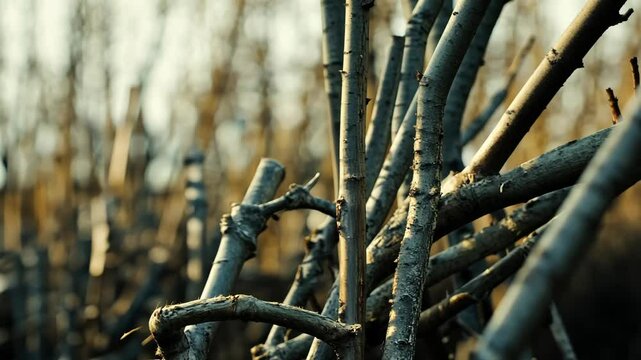 A close-up of a tangled thicket of branches in the late afternoon