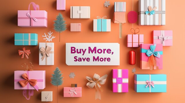 bundles and gift boxes with bold "Buy More, Save More" Text, perfect for promotions, Black Friday concept, top view
