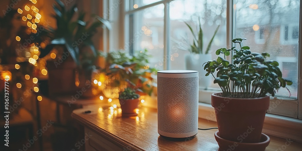 Poster an individual issuing voice commands to a smart speaker to control the tv, thermostat, and lights wh